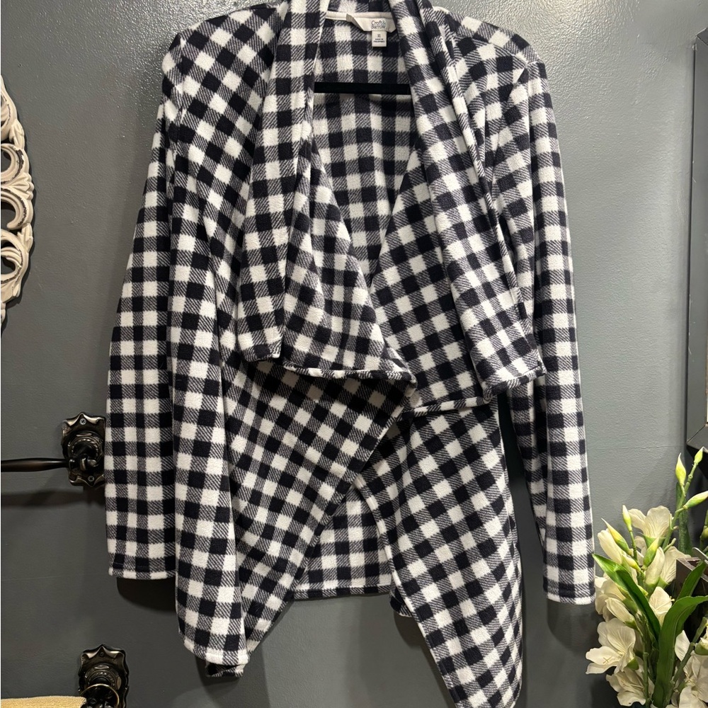 croft & barrow Cozy Soft Black White Checkered Plaid Open Front Cardigan Winter
